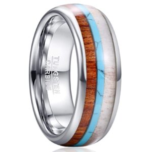 Vakki 8mm Koa Wood Tungsten Ring Deer Antler Turquoise Wedding Band Size 10