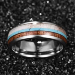 Vakki 8mm Koa Wood Tungsten Ring Deer Antler Turquoise Wedding Band Size 10