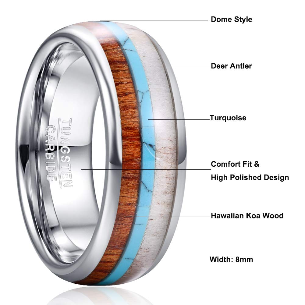 Vakki 8mm Koa Wood Tungsten Ring Deer Antler Turquoise Wedding Band Size 10