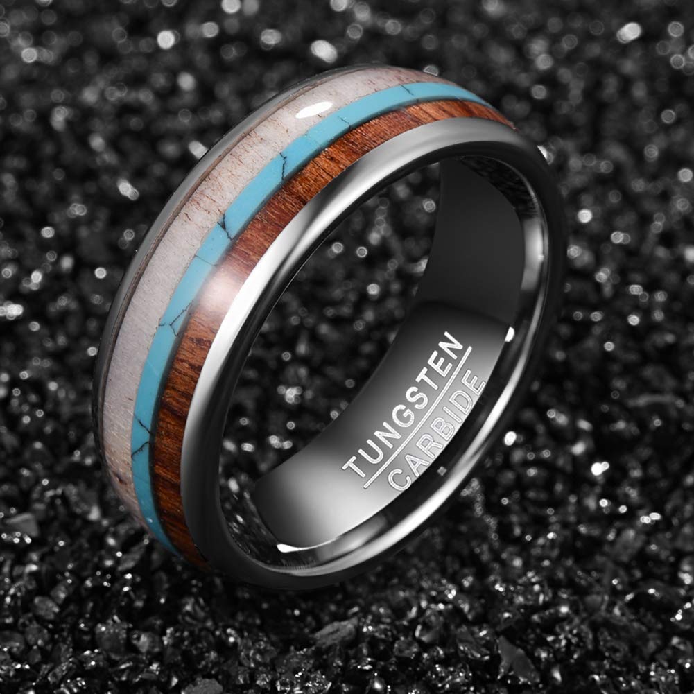 Vakki 8mm Koa Wood Tungsten Ring Deer Antler Turquoise Wedding Band Size 10