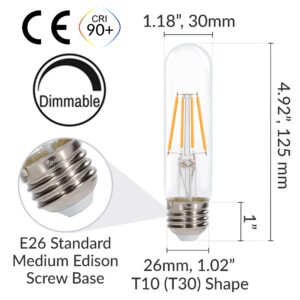 Simba Lighting LED T10 Tubular Edison Filament Light Bulbs (3 Pack) 4W Dimmable 40W Equivalent 120V for Cabinet Display, Piano Lamps, Clear Glass Decorative, Standard Medium E26 Base, Warm White 2700K