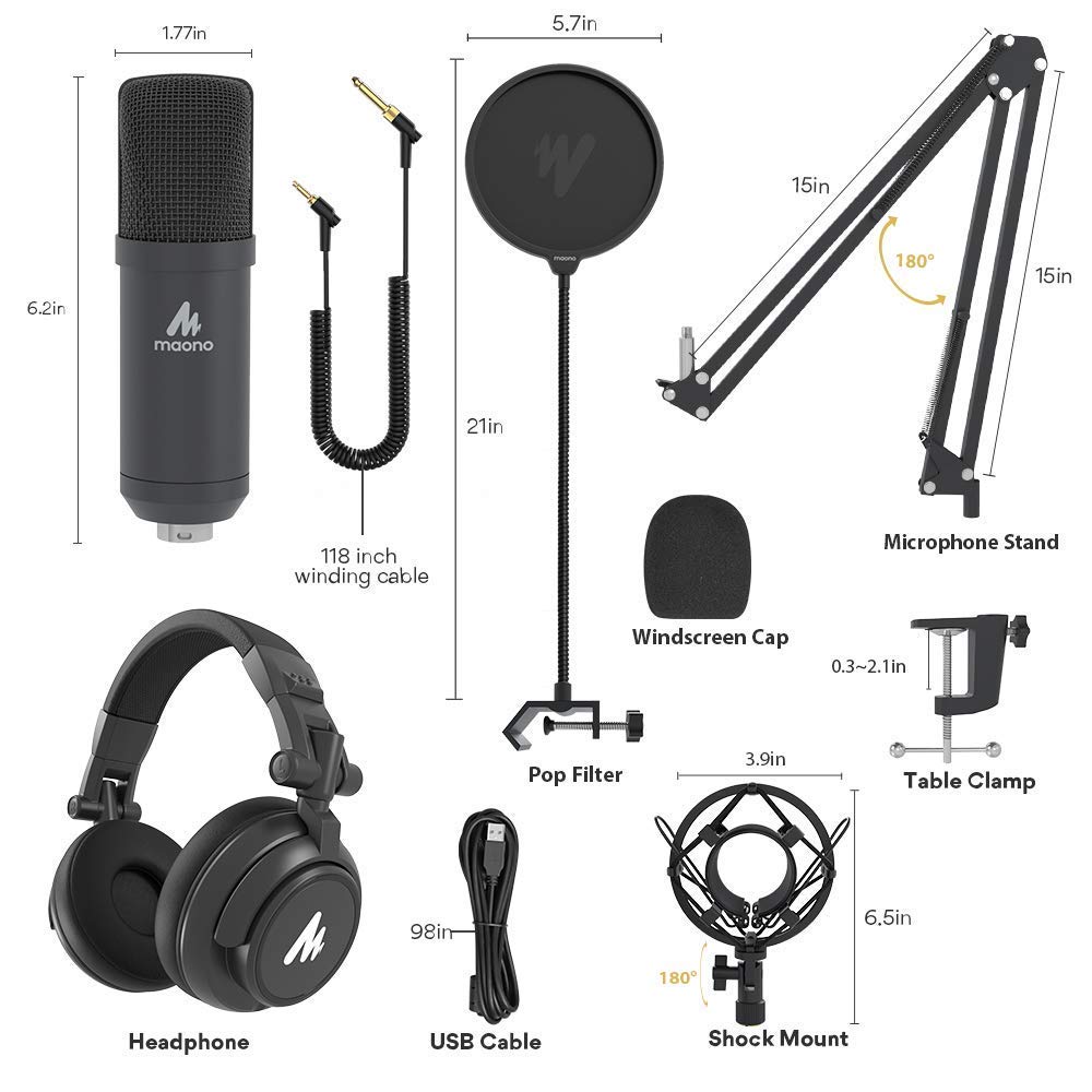 MAONO AU-A04 USB Microphone with AU-MH601 Studio Monitor Headphones Bundle Streaming Podcasting Pack Plug and Play for Computer, YouTube, Music