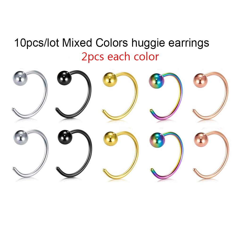 5pairs Mixed colors Ball Huggie Earrings hoop Cartilage Tragus Earrings 316L Stainless Steel Black Silver Gold Small Hoop Earrings (8)