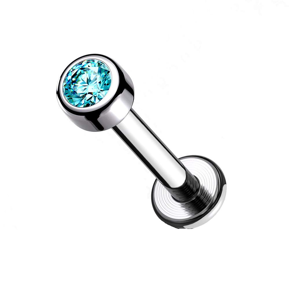 Pierced Owl 16G G23 Implant Grade Titanium Internally Threaded Bezel Set CZ Crystal Labret Monroe Lip Cartilage Helix Tragus Stud (Aqua)