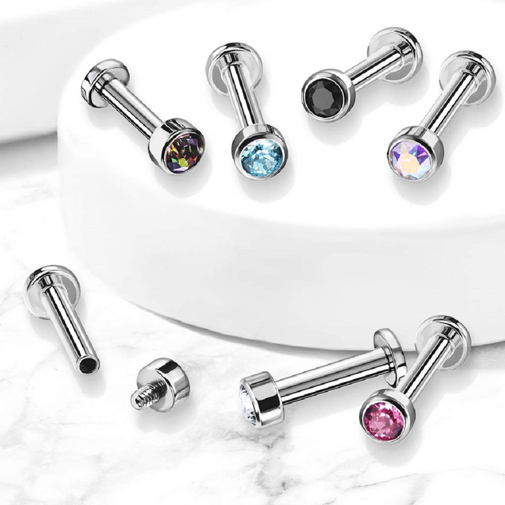 Pierced Owl 16G G23 Implant Grade Titanium Internally Threaded Bezel Set CZ Crystal Labret Monroe Lip Cartilage Helix Tragus Stud (Aqua)