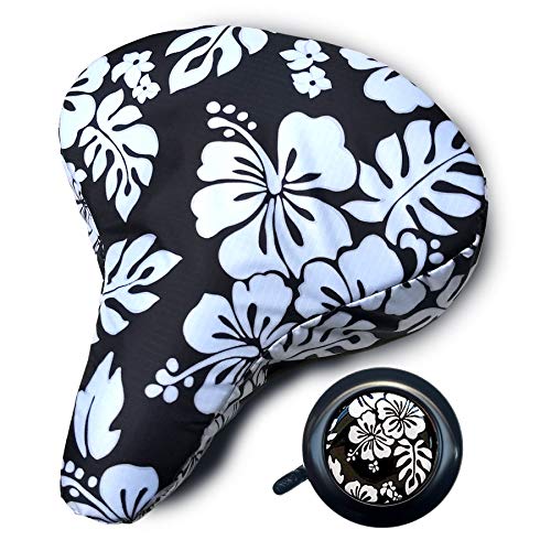 Cruiser Candy Cushioned Padded Waterproof Adjustable Fun Bike Bicycle Seat Cover, Beach Cruiser SEAT Cover, Matching Bike Bell, Cute Beach Cruiser Bicycle Bell Free (Black White Hibiscus)