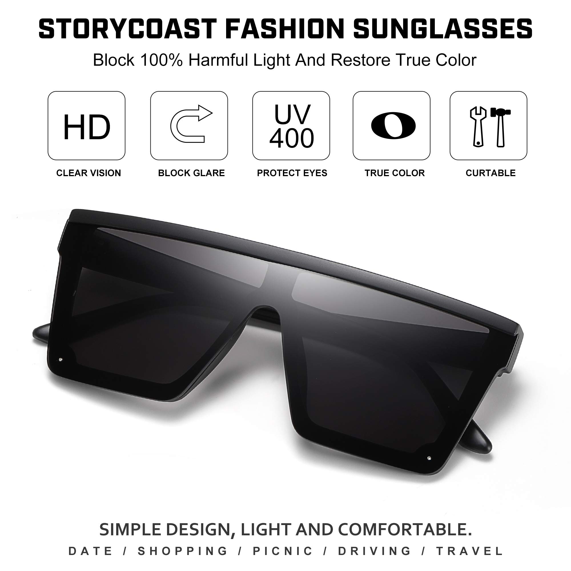 STORYCOAST Square Sunglasses for Women Men Fashion Big Frame Flat Top Sun Glasses Mirror Lens (Matte Black-Gray)