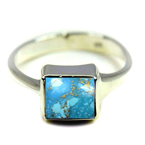 SURYAGEMS Genuine Copper Turquoise Astrology 925 Silver Rings Square Shape Stone Chakra Healing Size 4-13