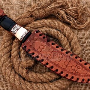 HUNTEX Unique Custom Handmade Hand-Forged Ladder Pattern Damascus Steel 12 Inch Long Full Tang Buffalo Horn Handle Razor Sharp Hunting Camping Spay Point Slicer Knife with Genuine Leather Sheath