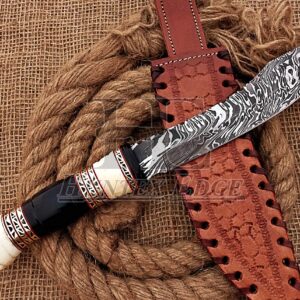 HUNTEX Unique Custom Handmade Hand-Forged Ladder Pattern Damascus Steel 12 Inch Long Full Tang Buffalo Horn Handle Razor Sharp Hunting Camping Spay Point Slicer Knife with Genuine Leather Sheath