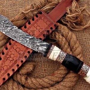 HUNTEX Unique Custom Handmade Hand-Forged Ladder Pattern Damascus Steel 12 Inch Long Full Tang Buffalo Horn Handle Razor Sharp Hunting Camping Spay Point Slicer Knife with Genuine Leather Sheath