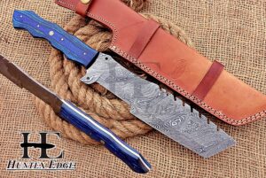 huntex unique custom handmade hand-forged twist pattern damascus steel 14 inch long full tang pakka wood handle razor sharp hunting camping tracker knife with genuine leather sheath