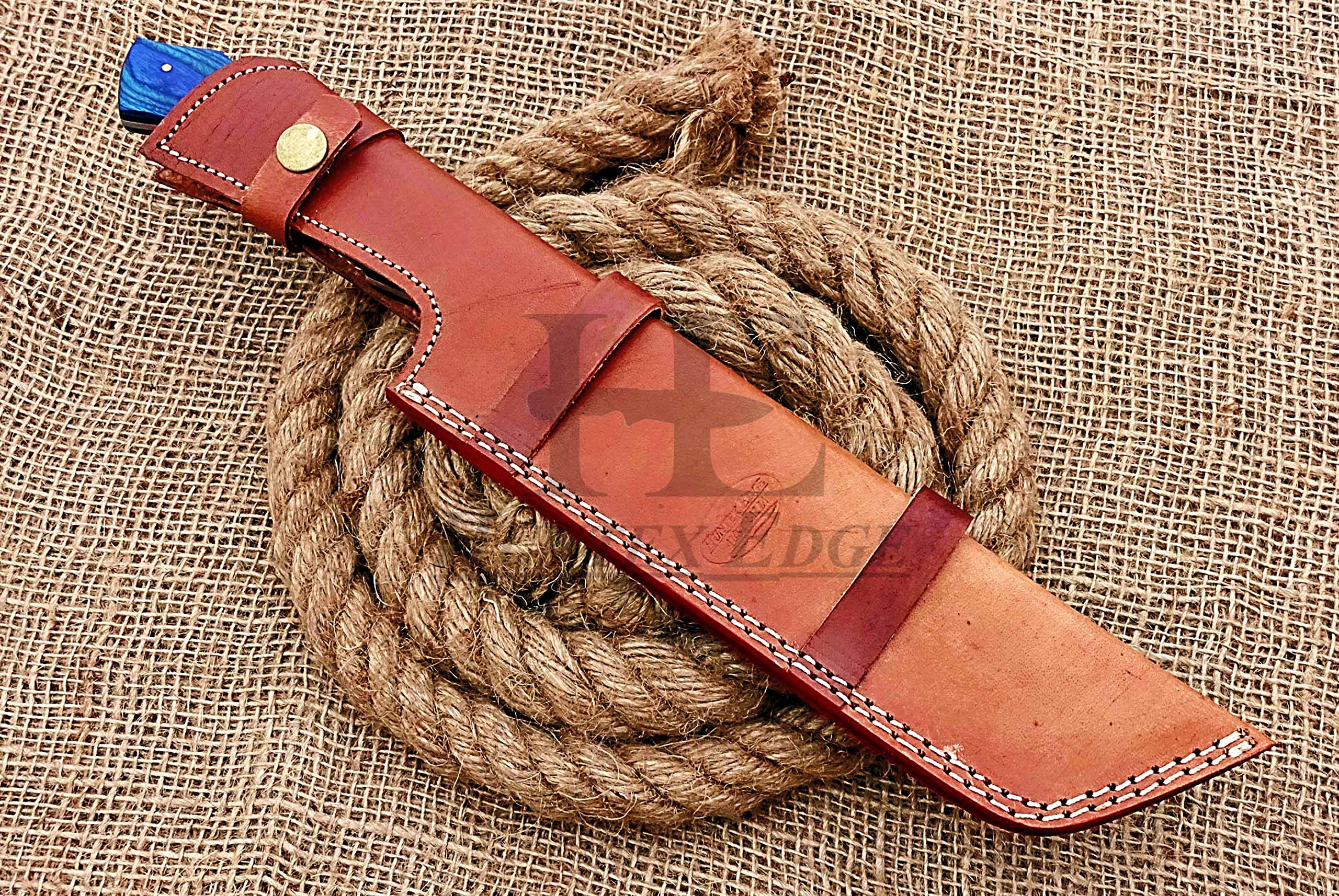 HUNTEX Unique Custom Handmade Hand-Forged Twist Pattern Damascus Steel 14 Inch Long Full Tang Pakka Wood Handle Razor Sharp Hunting Camping Tracker Knife with Genuine Leather Sheath