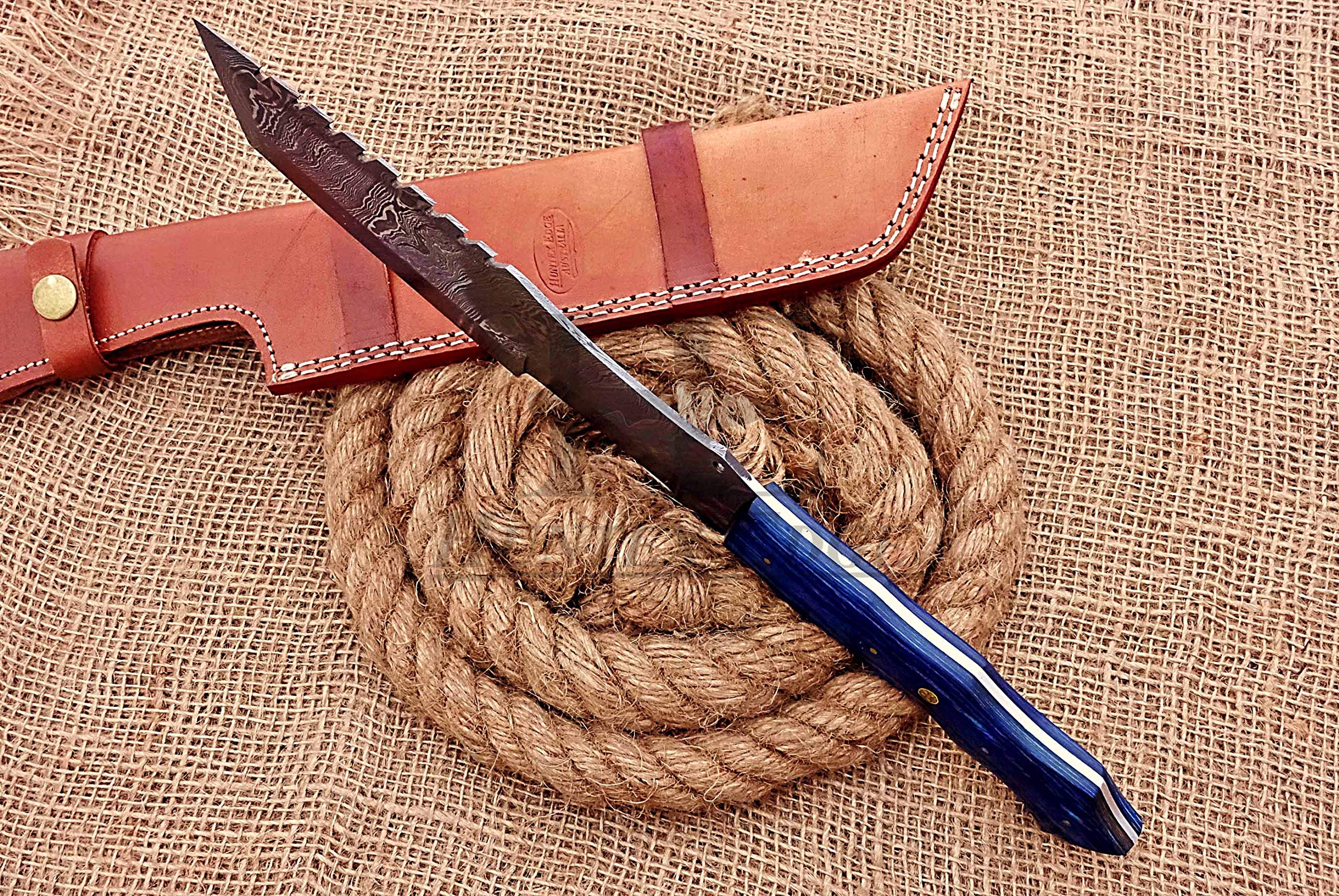 HUNTEX Unique Custom Handmade Hand-Forged Twist Pattern Damascus Steel 14 Inch Long Full Tang Pakka Wood Handle Razor Sharp Hunting Camping Tracker Knife with Genuine Leather Sheath