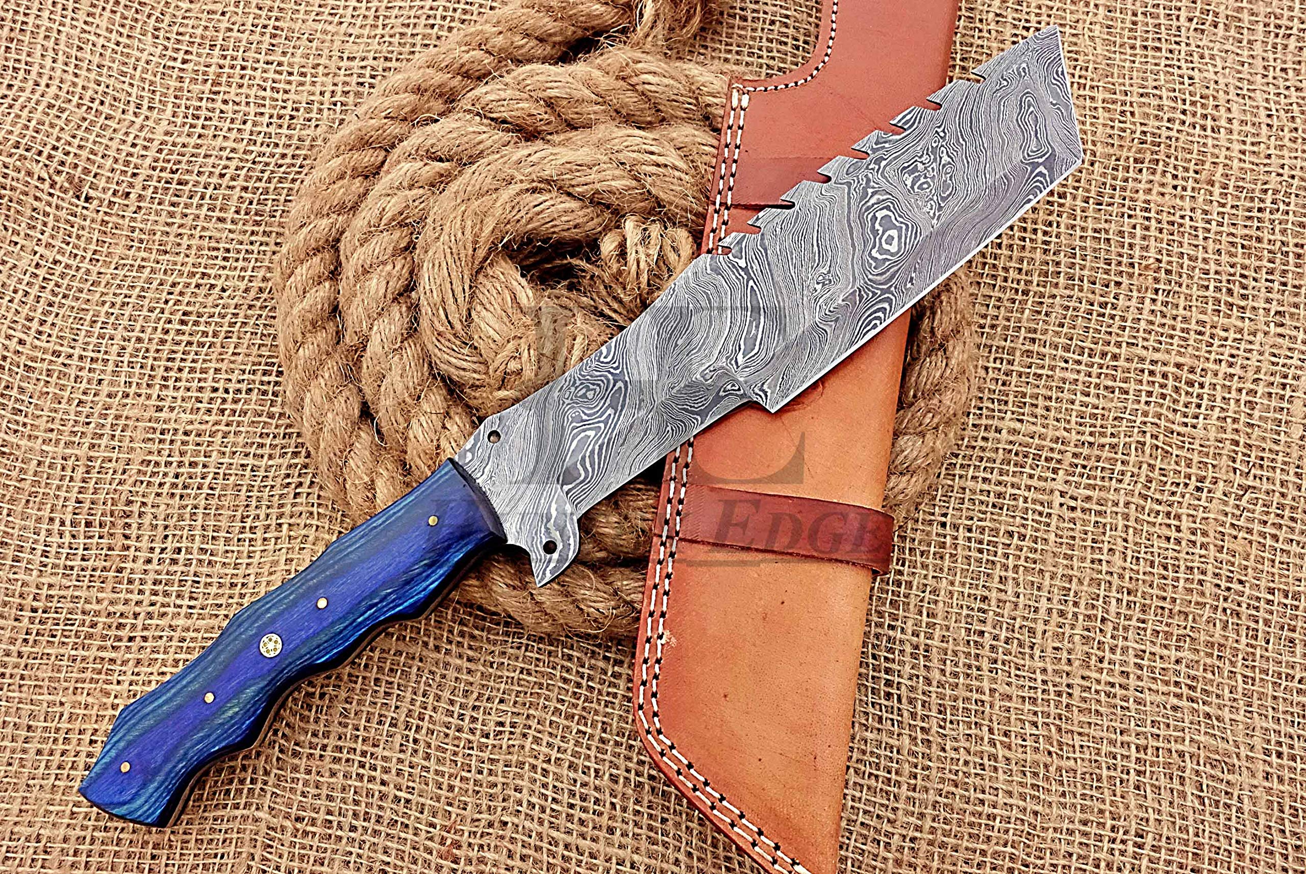 HUNTEX Unique Custom Handmade Hand-Forged Twist Pattern Damascus Steel 14 Inch Long Full Tang Pakka Wood Handle Razor Sharp Hunting Camping Tracker Knife with Genuine Leather Sheath