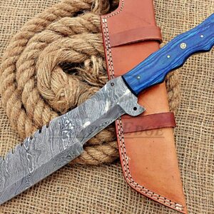 HUNTEX Unique Custom Handmade Hand-Forged Twist Pattern Damascus Steel 14 Inch Long Full Tang Pakka Wood Handle Razor Sharp Hunting Camping Tracker Knife with Genuine Leather Sheath