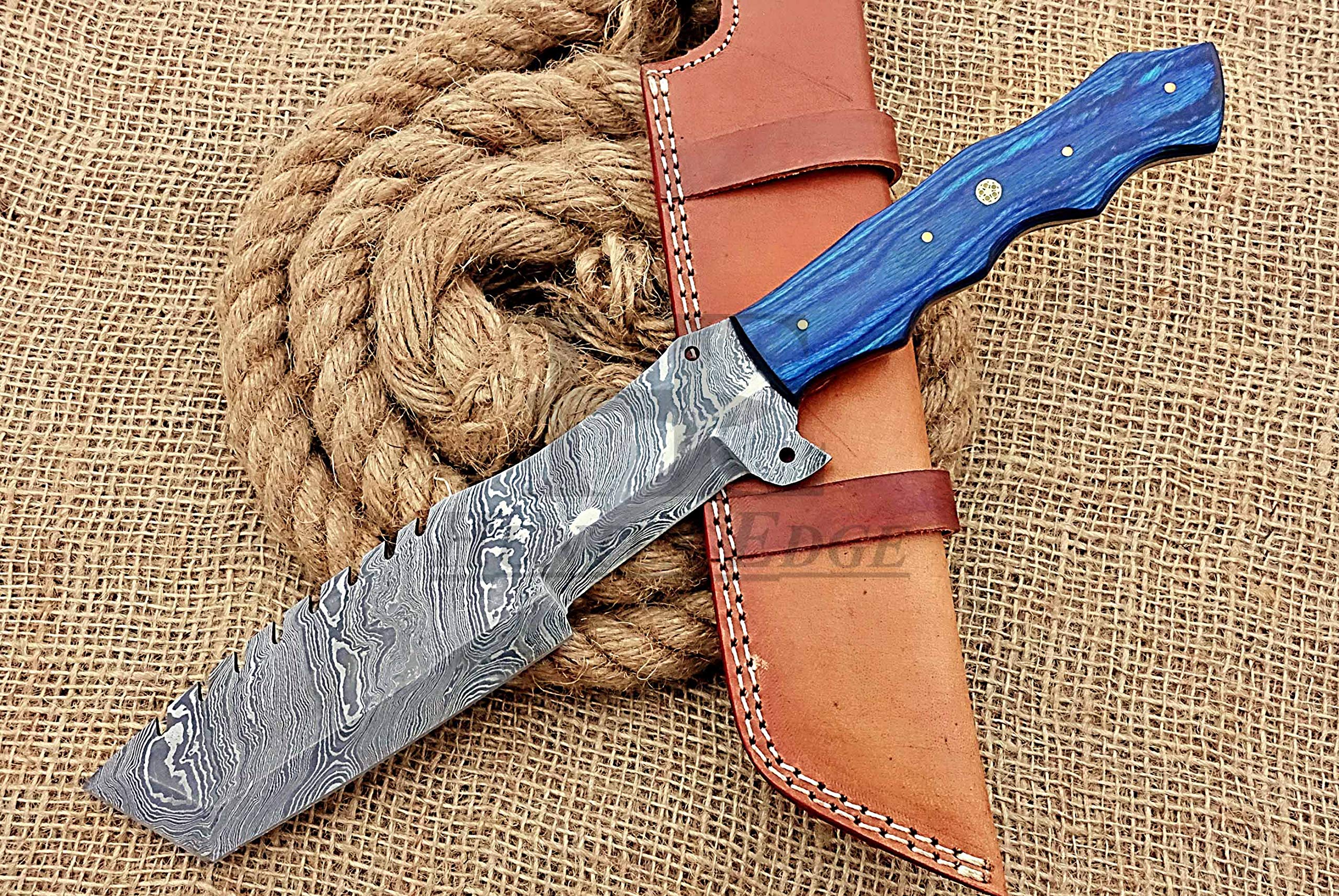 HUNTEX Unique Custom Handmade Hand-Forged Twist Pattern Damascus Steel 14 Inch Long Full Tang Pakka Wood Handle Razor Sharp Hunting Camping Tracker Knife with Genuine Leather Sheath