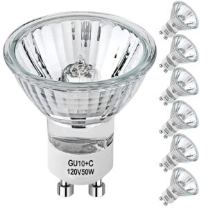 paeorrorl gu10 halogen light bulbs,6 pack 120v 50w dimmable mr16 gu10 base bulb with glass cover,gu10+c halogen light bulbs for track&recessed lighting,long lasting lifespan,warm white