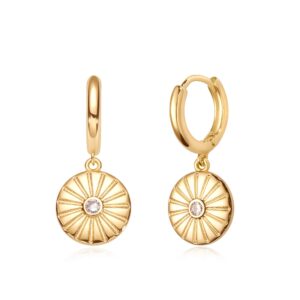 loyata coin drop earrings gold dangle huggie hoop disc flower diamond cubic zirconia 14k gold filled dainty small simple hypoallergenic protection jewelry gift for women