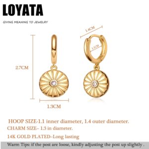 LOYATA Coin Drop Earrings Gold Dangle Huggie Hoop Disc Flower Diamond Cubic Zirconia 14K Gold Filled Dainty Small Simple Hypoallergenic Protection Jewelry Gift for Women