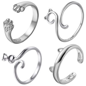 rinhoo friendship 4pcs cute cat rings silver plated pet open adjustable finger statement ring for women (set 1)