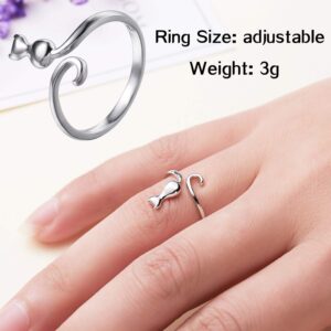 RINHOO FRIENDSHIP 4Pcs Cute Cat Rings Silver Plated Pet Open Adjustable Finger Statement Ring for Women (SET 1)