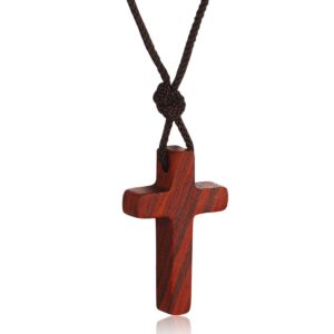 Natural Sandalwood Wooden Cross Pendant Necklaces for Women Men Handcrafted Gift Wood Hang from Rearview Mirror Pendant Decoration