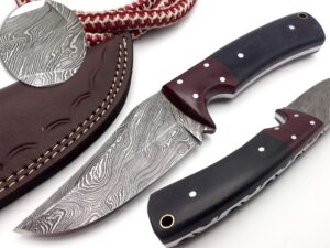 nooraki sk-63 handmade damascus hunting knife 8.5 inches full tang blade with leather sheath skinner knife, camel bone handle