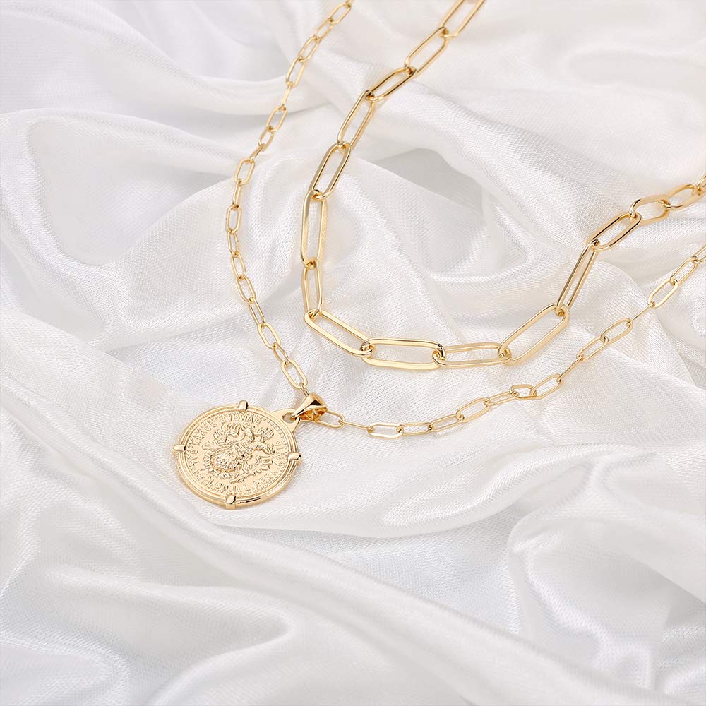 Turandoss Gold Necklaces for Women - 14K Gold Coin Pendant Layering Link Chain Choker Layered Gold Necklaces for Women Jewelry Gifts