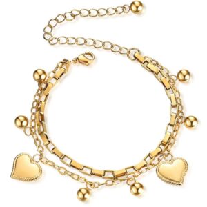 jude jewelers stainless steel heart charm box chain adjustable size strand bracelet (gold)