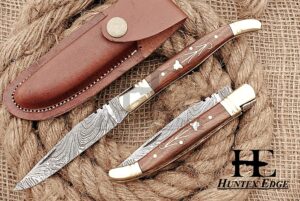 huntex custom handmade hand-forged twist pattern damascus steel 4 inch long natural rosewood handle razor sharp hunting camping folding pocket french lagouli knife with genuine leather pouch