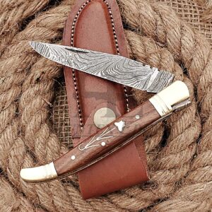 HUNTEX Custom Handmade Hand-Forged Twist Pattern Damascus Steel 4 Inch Long Natural Rosewood Handle Razor Sharp Hunting Camping Folding Pocket French Lagouli Knife with Genuine Leather Pouch