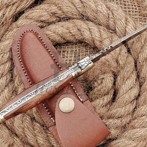 HUNTEX Custom Handmade Hand-Forged Twist Pattern Damascus Steel 4 Inch Long Natural Rosewood Handle Razor Sharp Hunting Camping Folding Pocket French Lagouli Knife with Genuine Leather Pouch