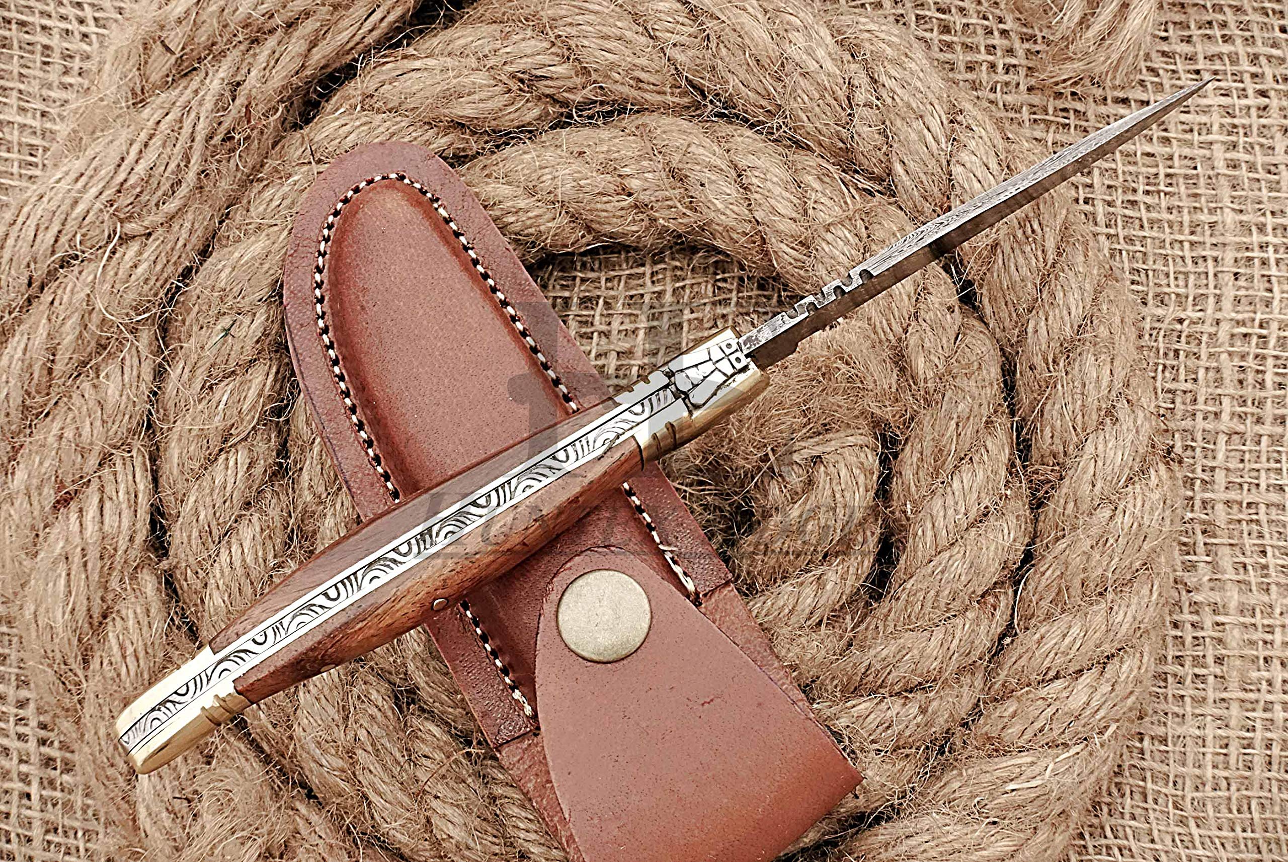 HUNTEX Custom Handmade Hand-Forged Twist Pattern Damascus Steel 4 Inch Long Natural Rosewood Handle Razor Sharp Hunting Camping Folding Pocket French Lagouli Knife with Genuine Leather Pouch