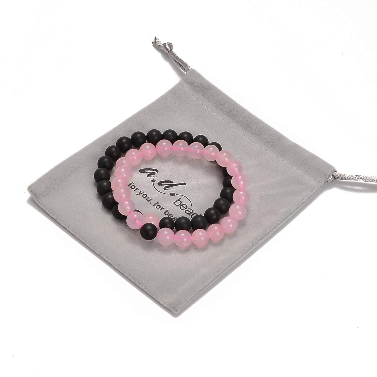 AD Beads 2Pcs His & Hers Distance Beads Bracelets Elastic Natural Stone Yoga Bracelet (Matt Black Agate+Rose Quartz)