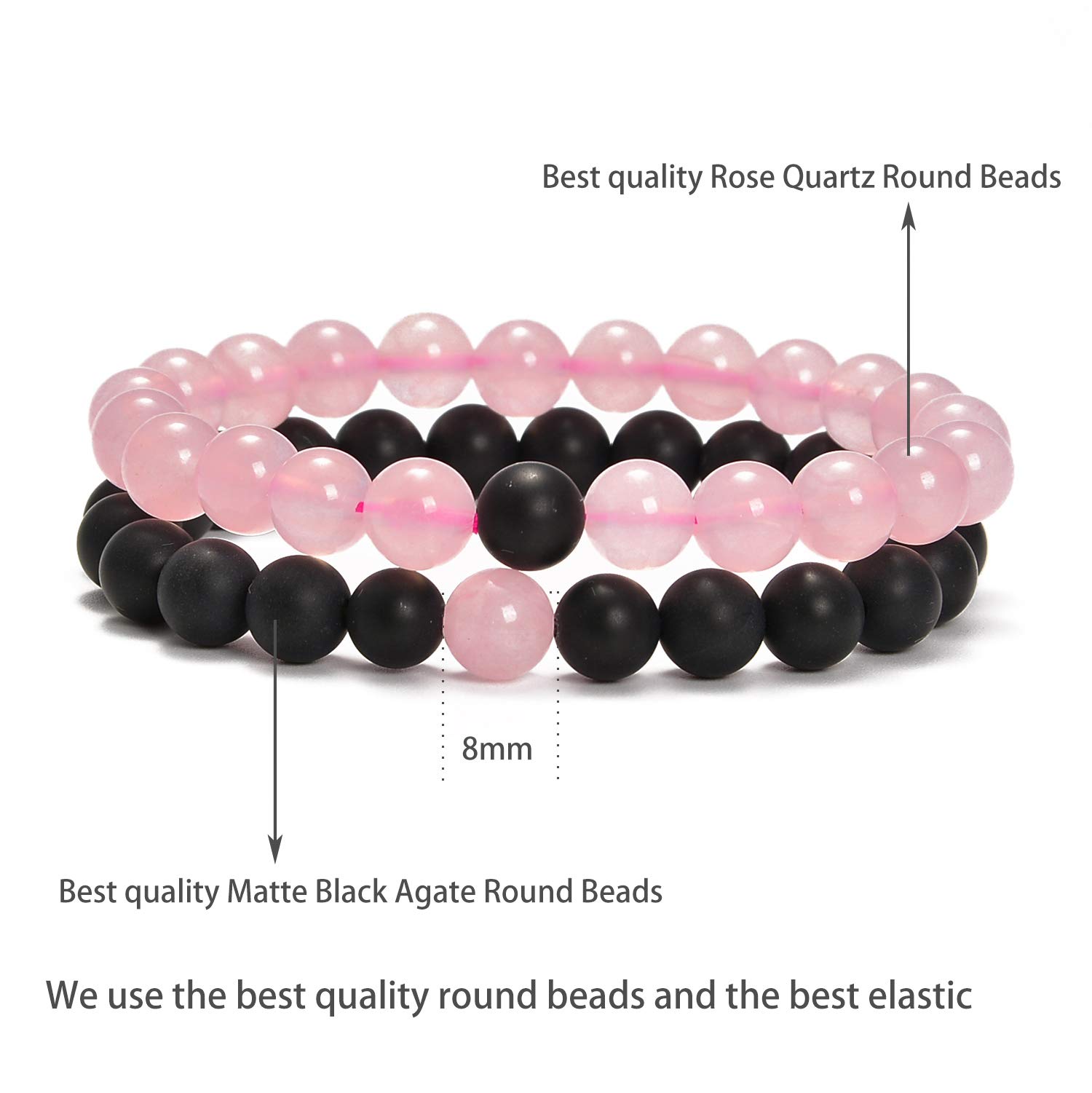 AD Beads 2Pcs His & Hers Distance Beads Bracelets Elastic Natural Stone Yoga Bracelet (Matt Black Agate+Rose Quartz)