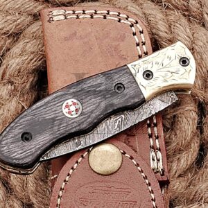 HUNTEX Custom Handmade Hand-Forged Twist Pattern Damascus Steel 4 Inch Long Pakka Wood Handle Razor Sharp Hunting Camping Folding Pocket Drop Point Knife with Genuine Leather Pouch