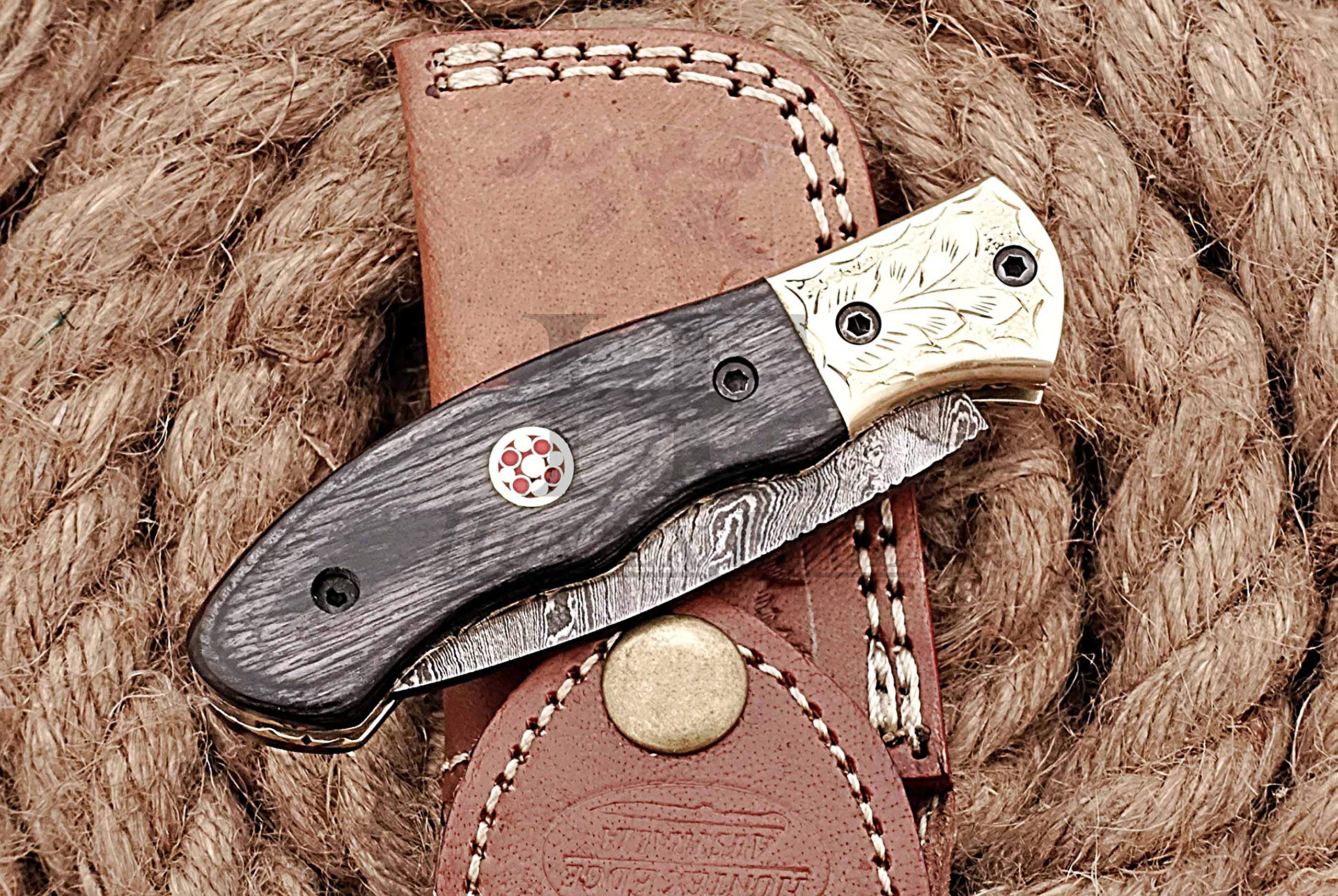 HUNTEX Custom Handmade Hand-Forged Twist Pattern Damascus Steel 4 Inch Long Pakka Wood Handle Razor Sharp Hunting Camping Folding Pocket Drop Point Knife with Genuine Leather Pouch