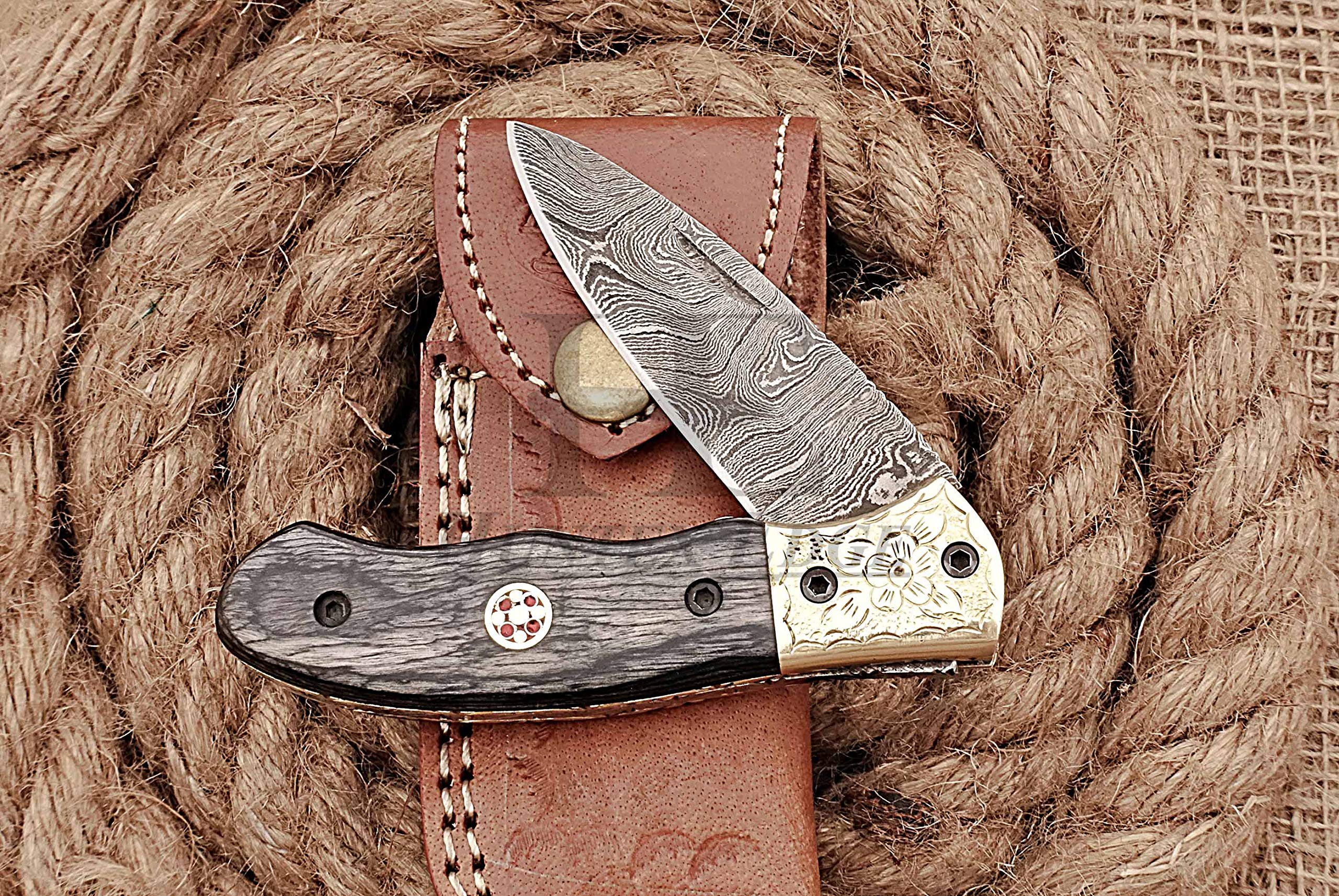 HUNTEX Custom Handmade Hand-Forged Twist Pattern Damascus Steel 4 Inch Long Pakka Wood Handle Razor Sharp Hunting Camping Folding Pocket Drop Point Knife with Genuine Leather Pouch