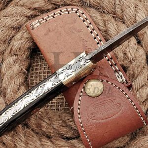 HUNTEX Custom Handmade Hand-Forged Twist Pattern Damascus Steel 4 Inch Long Pakka Wood Handle Razor Sharp Hunting Camping Folding Pocket Drop Point Knife with Genuine Leather Pouch