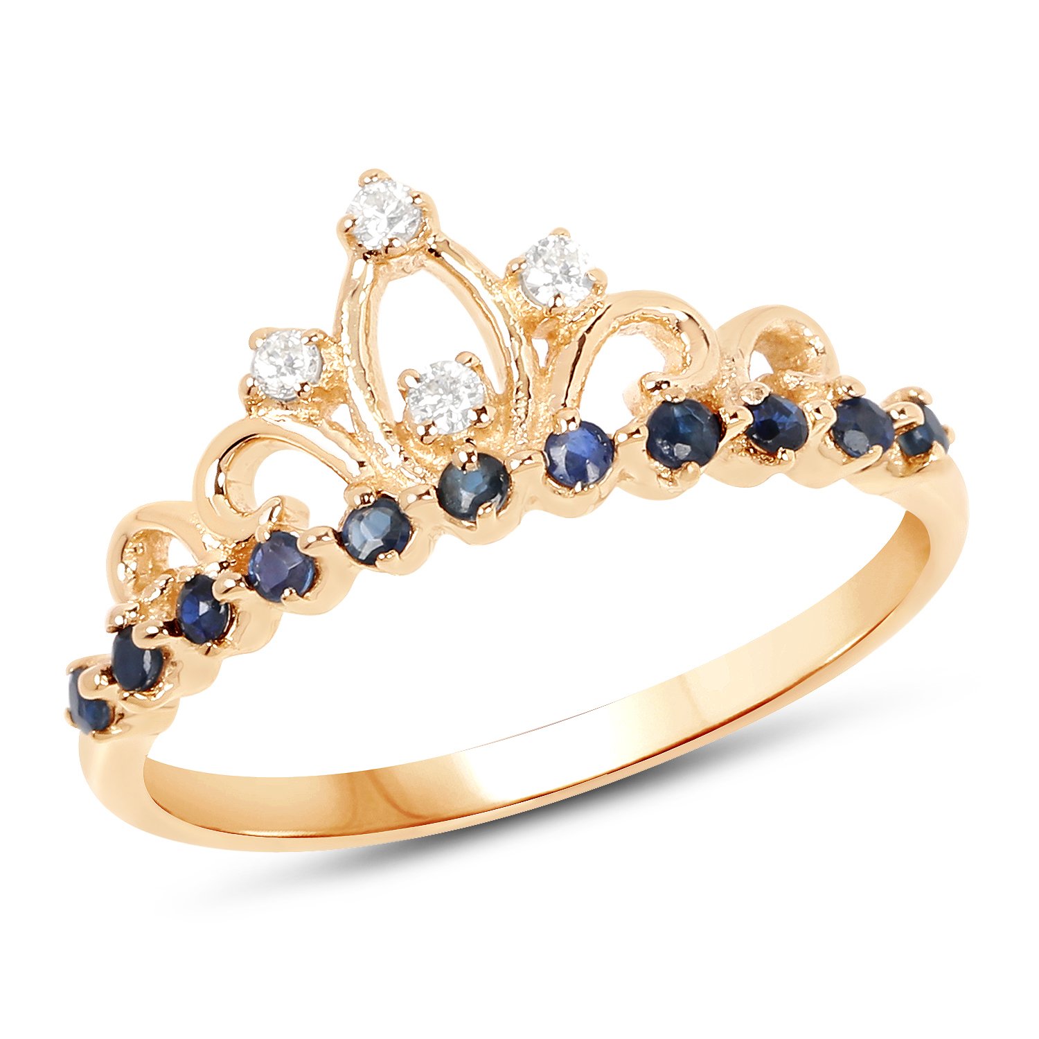 0.28 Carat Genuine Blue Sapphire and White Diamond 14K Yellow Gold Ring