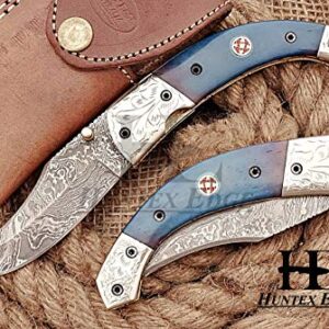 HUNTEX Custom Handmade Hand-Forged Twist Pattern Damascus Steel 4 Inch Long Natural Tinted Camel Bone Handle Razor Sharp Hunting Camping Folding Pocket Trailing Knife with Genuine Leather Pouch