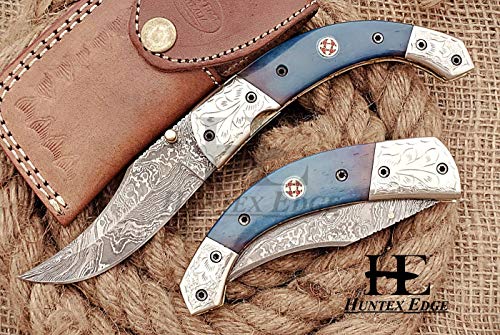 HUNTEX Custom Handmade Hand-Forged Twist Pattern Damascus Steel 4 Inch Long Natural Tinted Camel Bone Handle Razor Sharp Hunting Camping Folding Pocket Trailing Knife with Genuine Leather Pouch