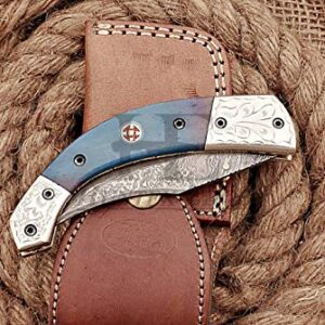 HUNTEX Custom Handmade Hand-Forged Twist Pattern Damascus Steel 4 Inch Long Natural Tinted Camel Bone Handle Razor Sharp Hunting Camping Folding Pocket Trailing Knife with Genuine Leather Pouch