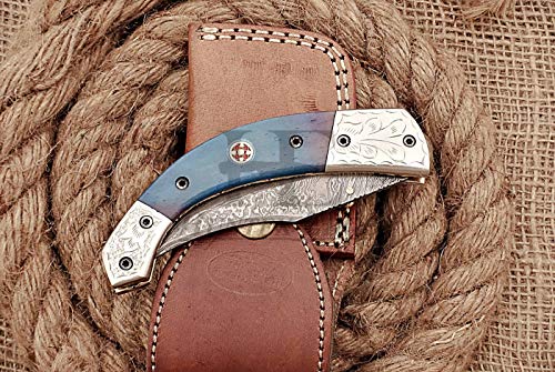 HUNTEX Custom Handmade Hand-Forged Twist Pattern Damascus Steel 4 Inch Long Natural Tinted Camel Bone Handle Razor Sharp Hunting Camping Folding Pocket Trailing Knife with Genuine Leather Pouch