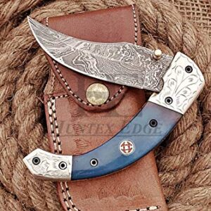 HUNTEX Custom Handmade Hand-Forged Twist Pattern Damascus Steel 4 Inch Long Natural Tinted Camel Bone Handle Razor Sharp Hunting Camping Folding Pocket Trailing Knife with Genuine Leather Pouch