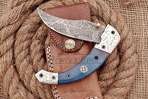 HUNTEX Custom Handmade Hand-Forged Twist Pattern Damascus Steel 4 Inch Long Natural Tinted Camel Bone Handle Razor Sharp Hunting Camping Folding Pocket Trailing Knife with Genuine Leather Pouch