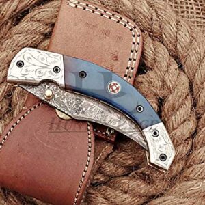 HUNTEX Custom Handmade Hand-Forged Twist Pattern Damascus Steel 4 Inch Long Natural Tinted Camel Bone Handle Razor Sharp Hunting Camping Folding Pocket Trailing Knife with Genuine Leather Pouch