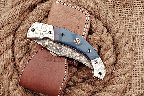 HUNTEX Custom Handmade Hand-Forged Twist Pattern Damascus Steel 4 Inch Long Natural Tinted Camel Bone Handle Razor Sharp Hunting Camping Folding Pocket Trailing Knife with Genuine Leather Pouch