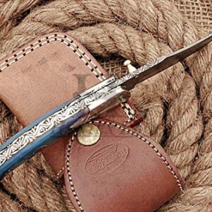 HUNTEX Custom Handmade Hand-Forged Twist Pattern Damascus Steel 4 Inch Long Natural Tinted Camel Bone Handle Razor Sharp Hunting Camping Folding Pocket Trailing Knife with Genuine Leather Pouch